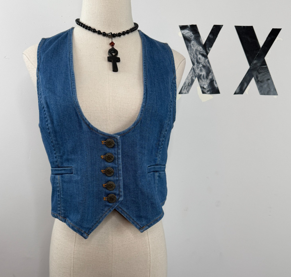Vintage 90s Sundance Blue Denim Fitted Western Button Front Cropped Vest XS